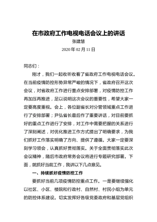 张建慧：在市政府工作电视电话会议上的讲话
