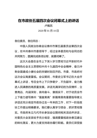 卢佩民：在市政协五届四次会议闭幕式上的讲话
