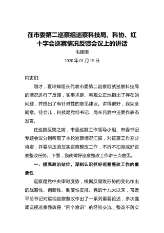 毛建国：在市委第二巡察组巡察科技局、科协、红十字会巡察情况反馈会议上的讲话