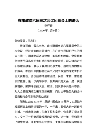 张祥安：在市政协六届三次会议闭幕会上的讲话