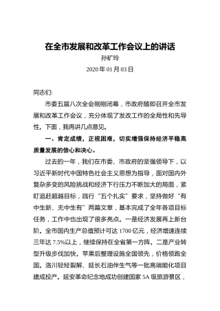 孙矿玲：在全市发展和改革工作会议上的讲话