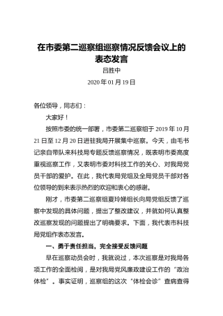 吕胜中：在市委第二巡察组巡察情况反馈会议上的表态发言（2020年08月11日）