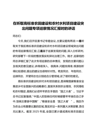 在听取高标准农田建设和农村水利项目建设突出问题专项巡察情况汇报时的讲话