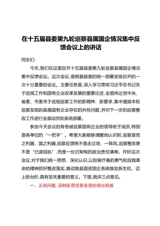 在十五届县委第九轮巡察县属国企情况集中反馈会议上的讲话