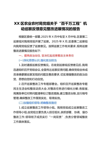 XX区农业农村局党组关于“百千万工程”机动巡察反馈意见整改进展情况的报告