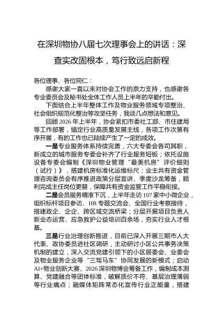 在深圳物协八届七次理事会上的讲话：深查实改固根本，笃行致远启新程