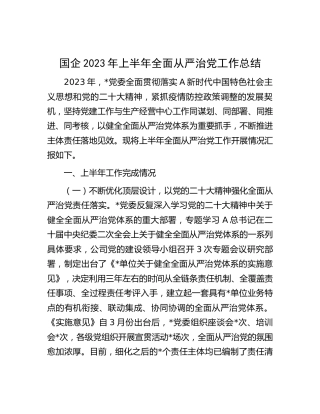 国企公司2023年上半年全面从严治党工作总结