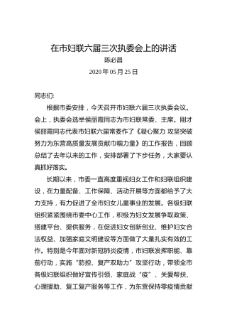 陈必昌：在市妇联六届三次执委会上的讲话