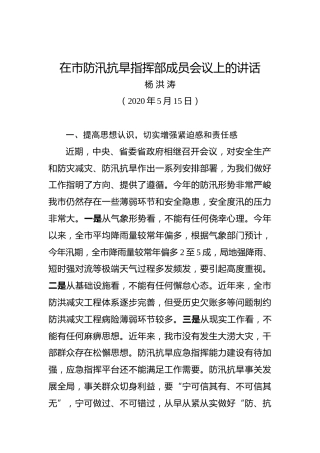 洪涛谈：在市防汛抗旱指挥部成员会议上的讲话