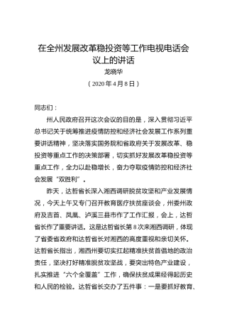 龙晓华：在全州发展改革稳投资等工作电视电话会议上的讲话