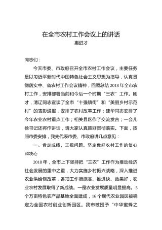 惠进才：在全市农村工作会议上的讲话
