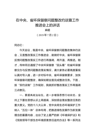 麻超：在中央、省环保督察问题整改约谈暨工作推进会上的讲话