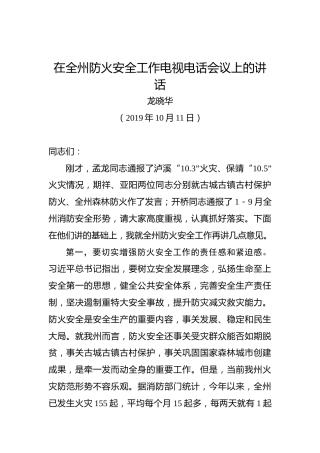 龙晓华：在全州防火安全工作电视电话会议上的讲话