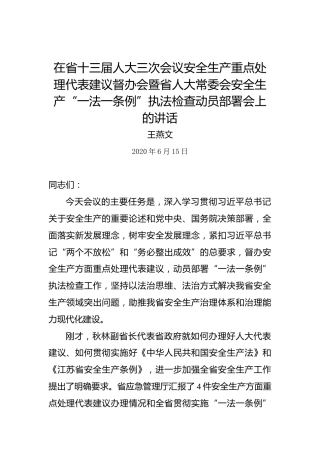 王燕文：在省十三届人大三次会议安全生产重点处理代表建议督办会暨省人大常委会安全生产“一法一条例”执法检查动员部署会上的讲话