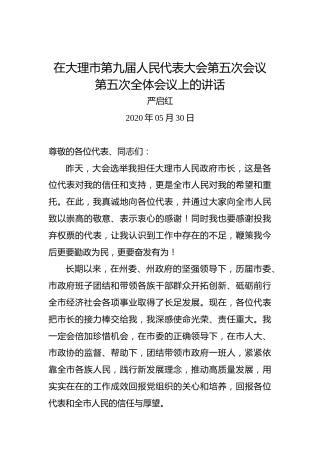 严启红：在大理市第九届人民代表大会第五次会议第五次全体会议上的讲话