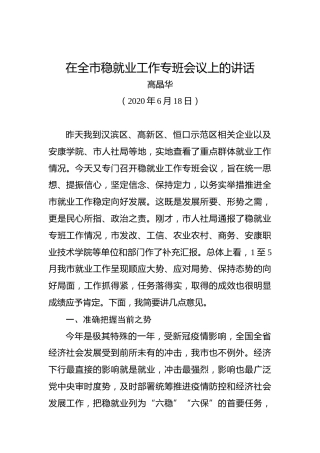 高晶华：在全市稳就业工作专班会议上的讲话