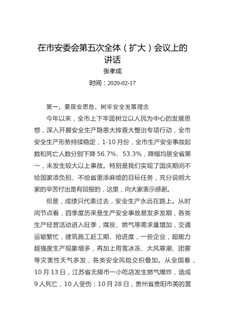 张孝成：在市安委会第五次全体（扩大）会议上的讲话