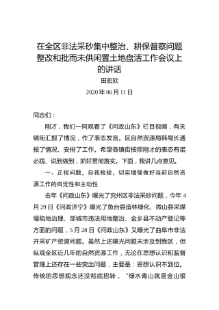田宏欣：在全区非法采砂集中整治、耕保督察问题整改和批而未供闲置土地盘活工作会议上的讲话