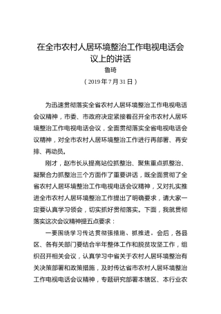 鲁琦：在全市农村人居环境整治工作电视电话会议上的讲话