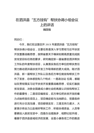 魏国强：在泗洪县“五方挂钩”帮扶协调小组会议上的讲话