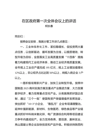 柯长春：在区政府第一次全体会议上的讲话