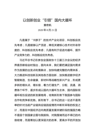 黄奇帆：以创新创业“引领”国内大循环