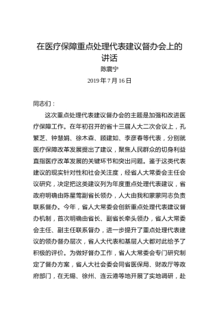 陈震宁：在医疗保障重点处理代表建议督办会上的讲话