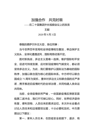 王毅：加强合作 共克时艰——在二十国集团外长视频会议上的发言
