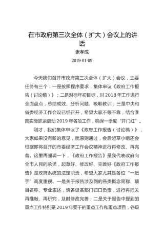 张孝成：在市政府第三次全体（扩大）会议上的讲话