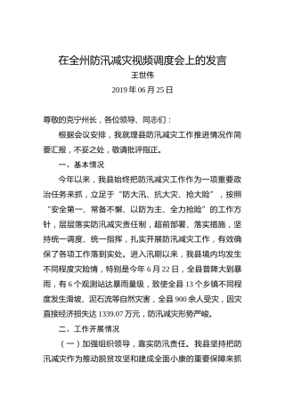 王世伟：在全州防汛减灾视频调度会上的发言