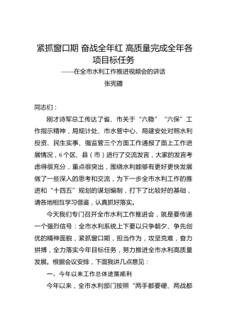 张宪疆：紧抓窗口期奋战全年红高质量完成全年各项目标任务——在全市水利工作推进视频会的讲话