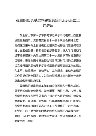 在组织部长基层党建业务培训班开班式上的讲话