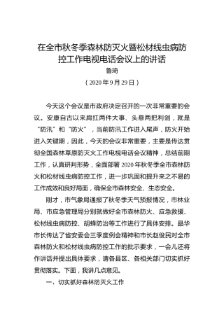 鲁琦：在全市秋冬季森林防灭火暨松材线虫病防控工作电视电话会议上的讲话