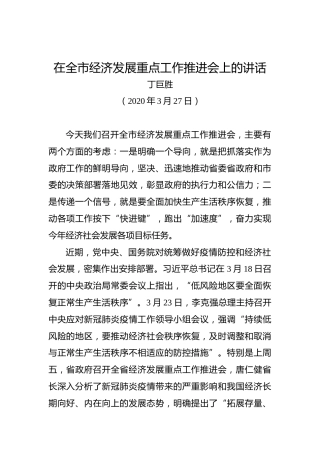 丁巨胜：在全市经济发展重点工作推进会上的讲话