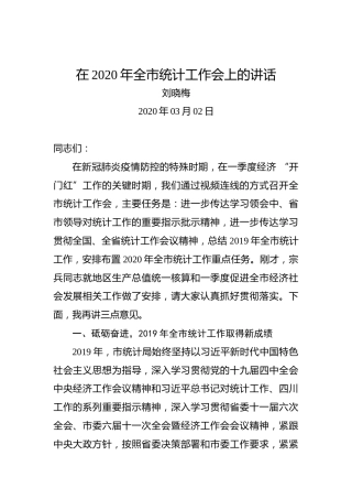 刘晓梅：在2020年全市统计工作会上的讲话