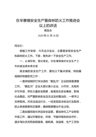 蒋发永：在辛寨镇安全生产暨森林防火工作推进会议上的讲话