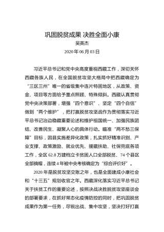 吴英杰：巩固脱贫成果决胜全面小康
