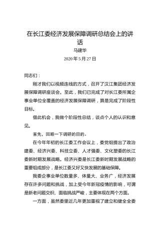 马建华：在长江委经济发展保障调研总结会上的讲话