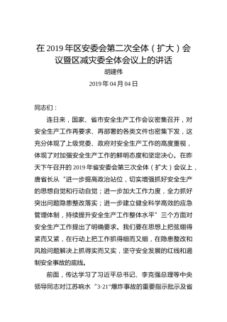 胡建伟：在2019年区安委会第二次全体（扩大）会议暨区减灾委全体会议上的讲话
