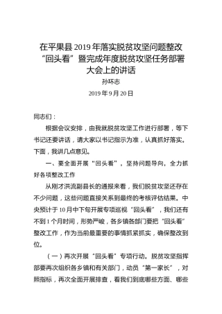 孙环志：在平果县2019年落实脱贫攻坚问题整改“回头看”暨完成年度脱贫攻坚任务部署大会上的讲话