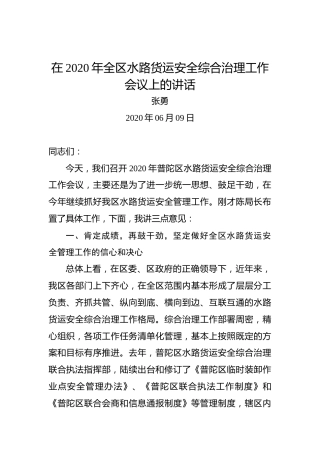 张勇：在2020年全区水路货运安全综合治理工作会议上的讲话