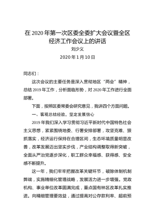 刘少义：在2020年第一次区委全委扩大会议暨全区经济工作会议上的讲话