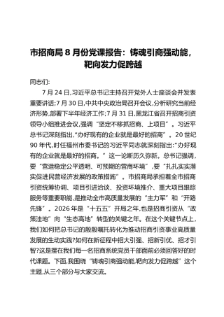 市招商局8月份党课报告：铸魂引商强动能，靶向发力促跨越