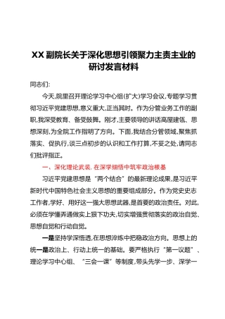 XX副院长关于深化思想引领聚力主责主业的研讨发言材料