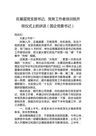 在基层党支部书记、党务工作者培训班开班仪式上的讲话（国企党委书记）