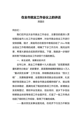 苏国志：在全市就业工作会议上的讲话