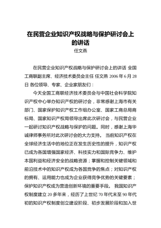 任文燕：在民营企业知识产权战略与保护研讨会上的讲话