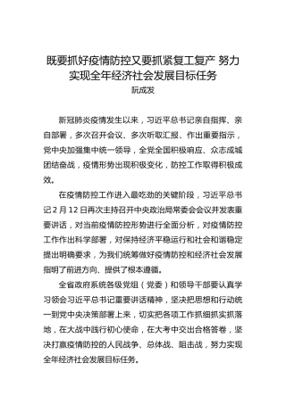 阮成发：既要抓好疫情防控又要抓紧复工复产努力实现全年经济社会发展目标任务