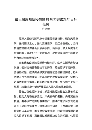 许达哲：最大限度降低疫情影响努力完成全年目标任务