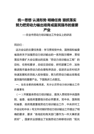 在全市劳动力培训输出工作会议上的讲话